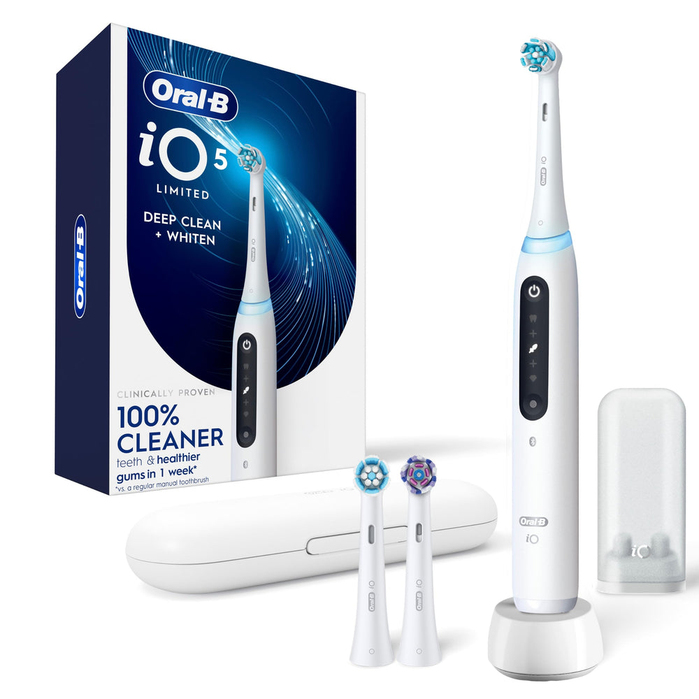 Oral-B iO5 front view showing sleek handle and white finish for confident cleaning