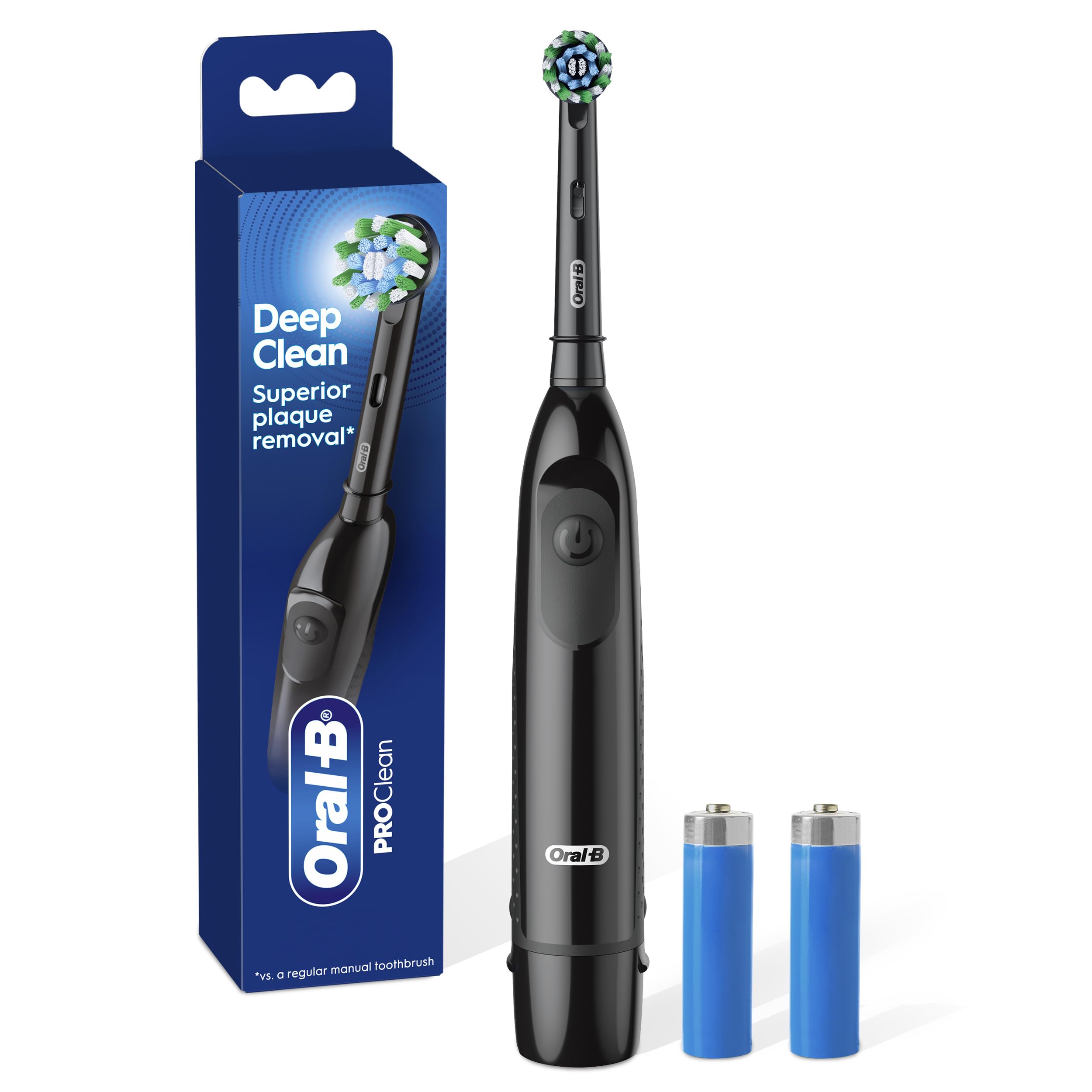 Oral-B front packaging showing toothbrush and included batteries for quick use