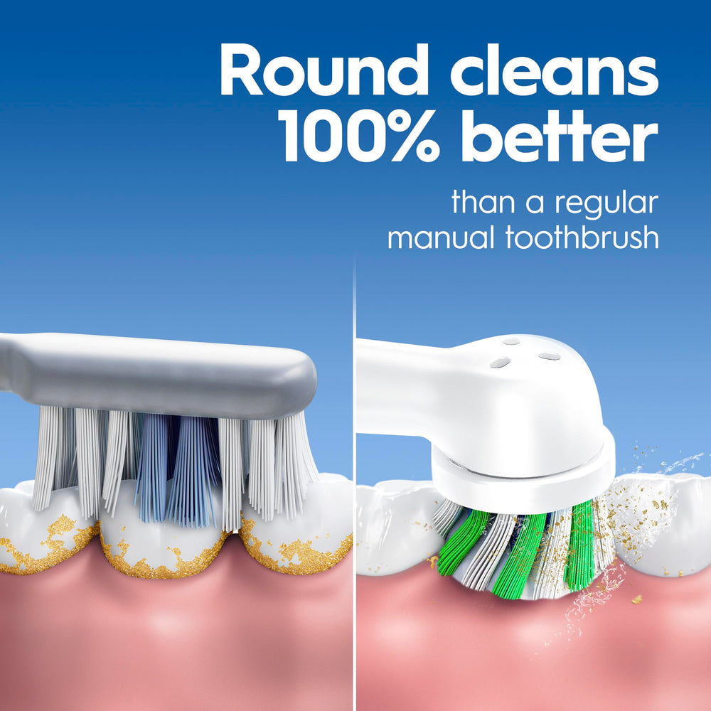 Oral-B Pro 100 side view with two AA batteries demonstrating ready-to-use convenience