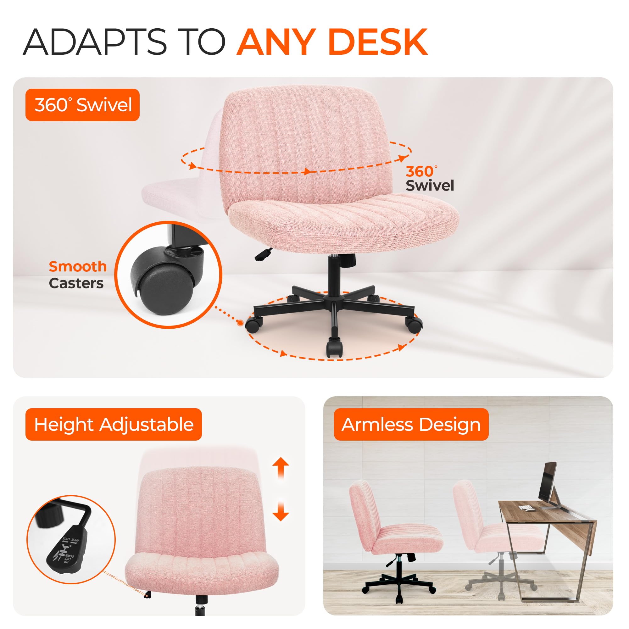 Orange Factory chair tucked under desk illustrating space-saving armless design
