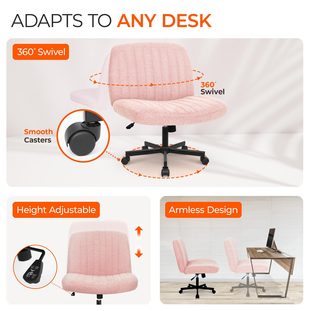 Orange Factory chair tucked under desk illustrating space-saving armless design