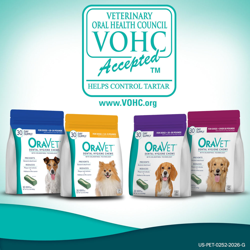 OraVet open pouch with 30 chews arranged to convey one-month supply