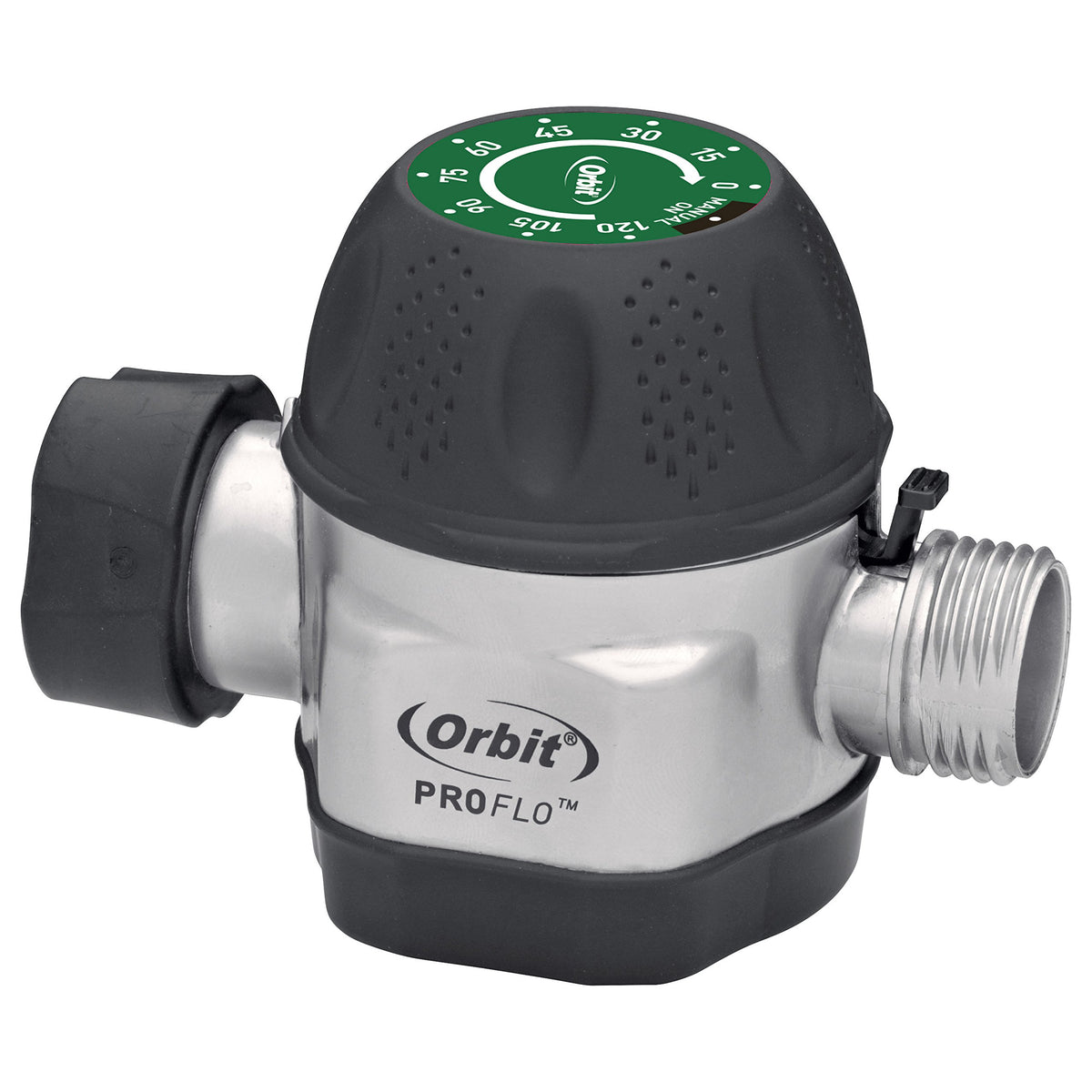 Orbit 62041 metal timer front view showing durable housing and quick connection benefit
