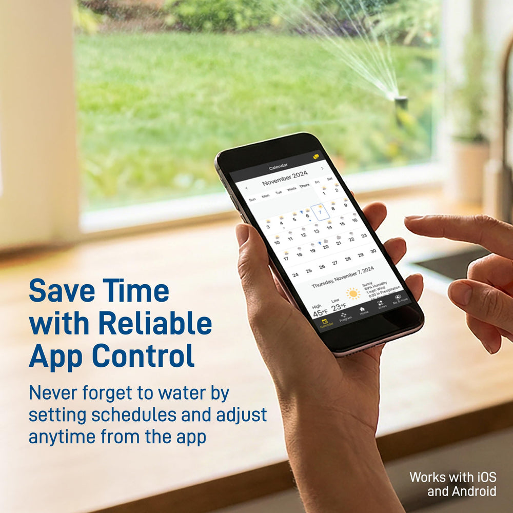 Orbit B-hyve hub paired with smartphone app demonstrating remote control benefit