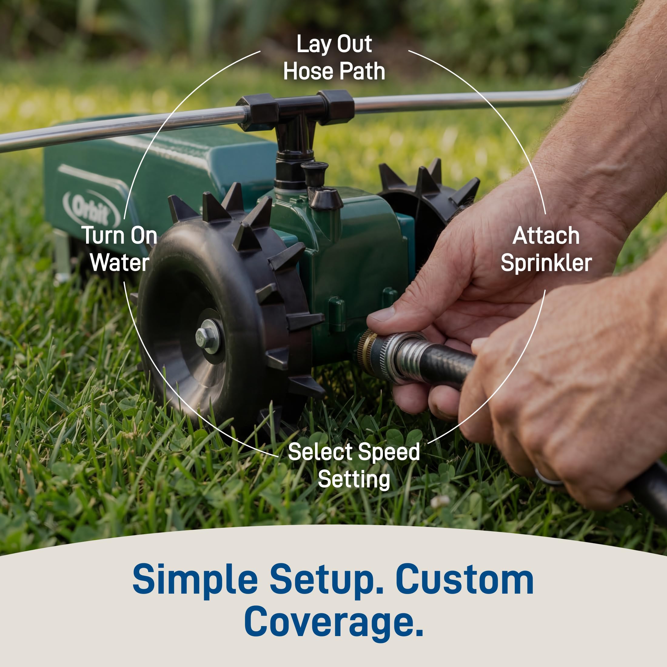 Orbit speed control knob detail enabling three travel speeds for precise watering