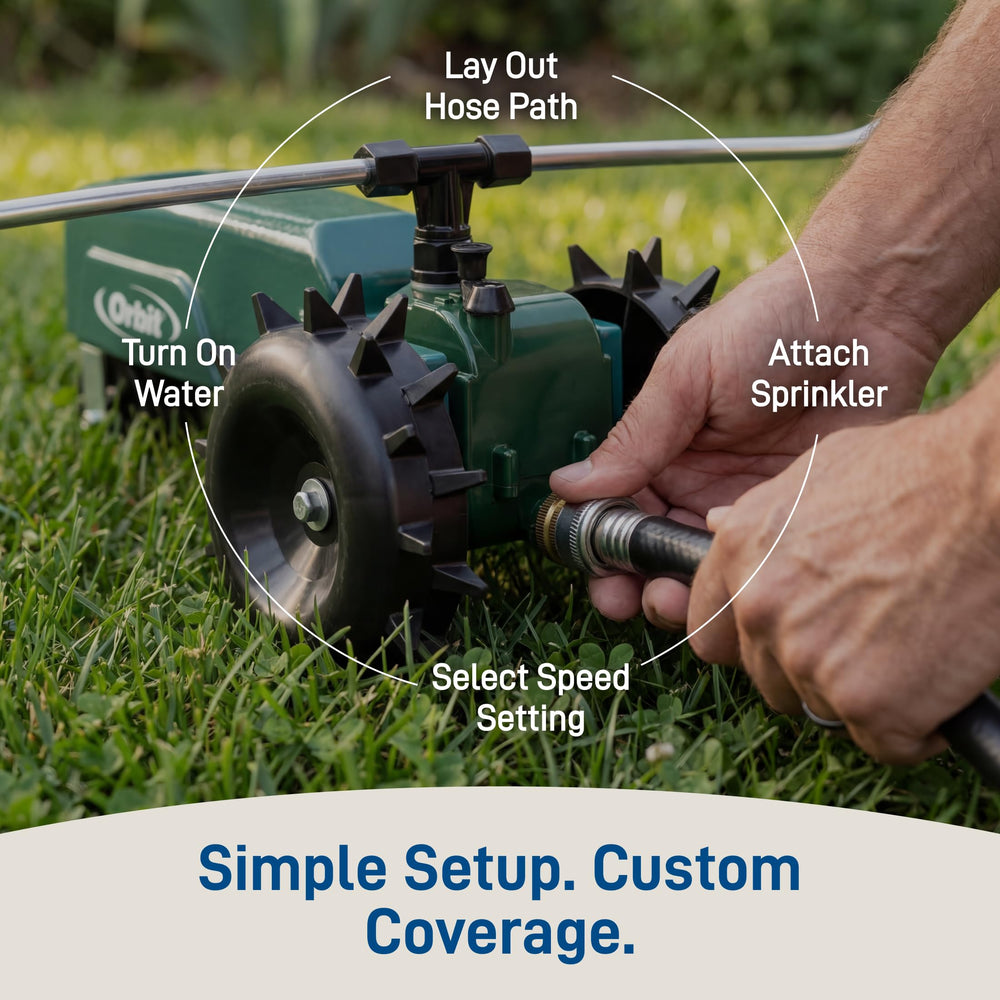 Orbit speed control knob detail enabling three travel speeds for precise watering