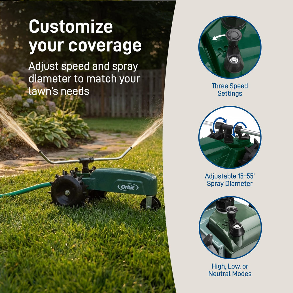 Orbit sprinkler operating on a large lawn saving time and manual repositioning