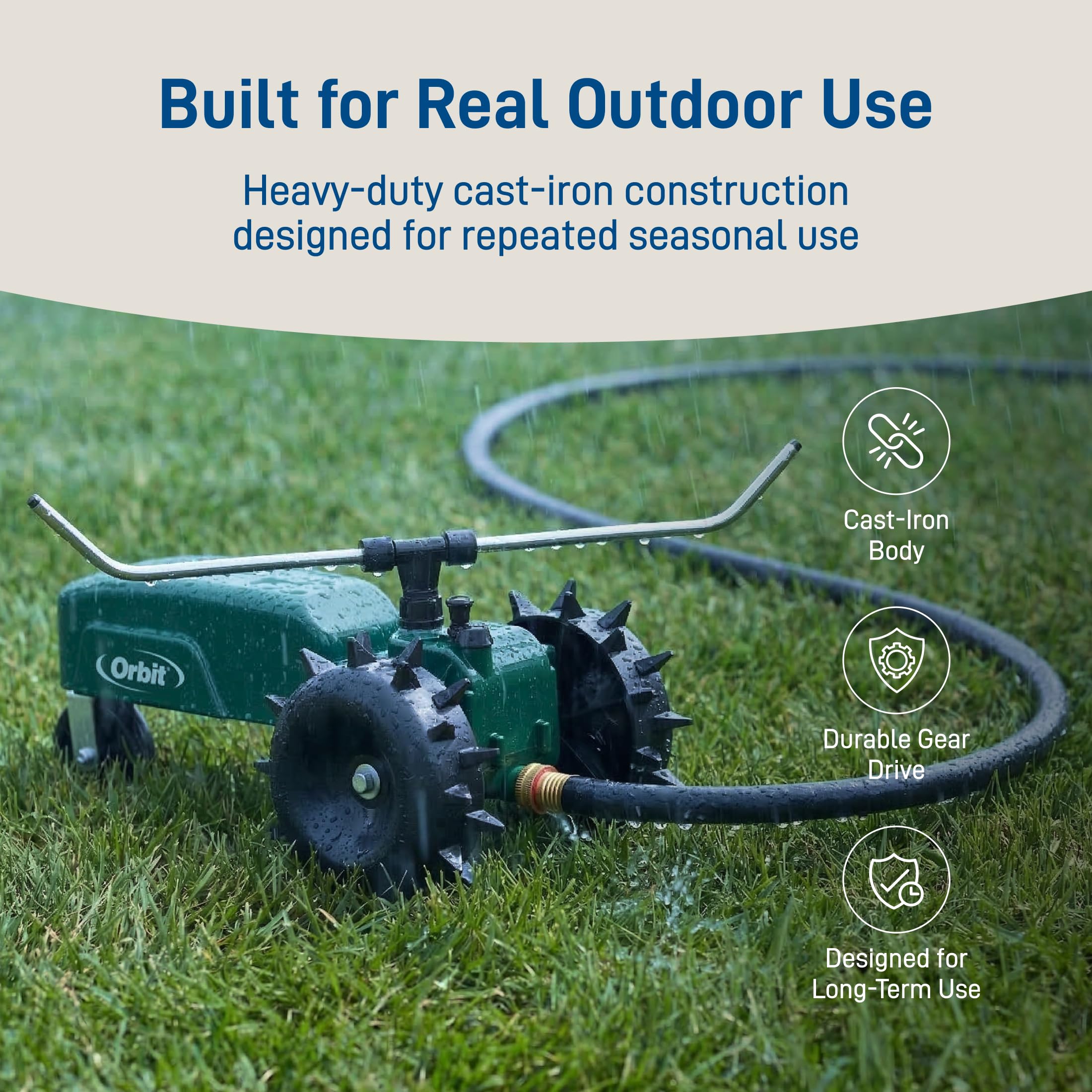 Orbit unit traveling along a hose demonstrating automated route-based watering