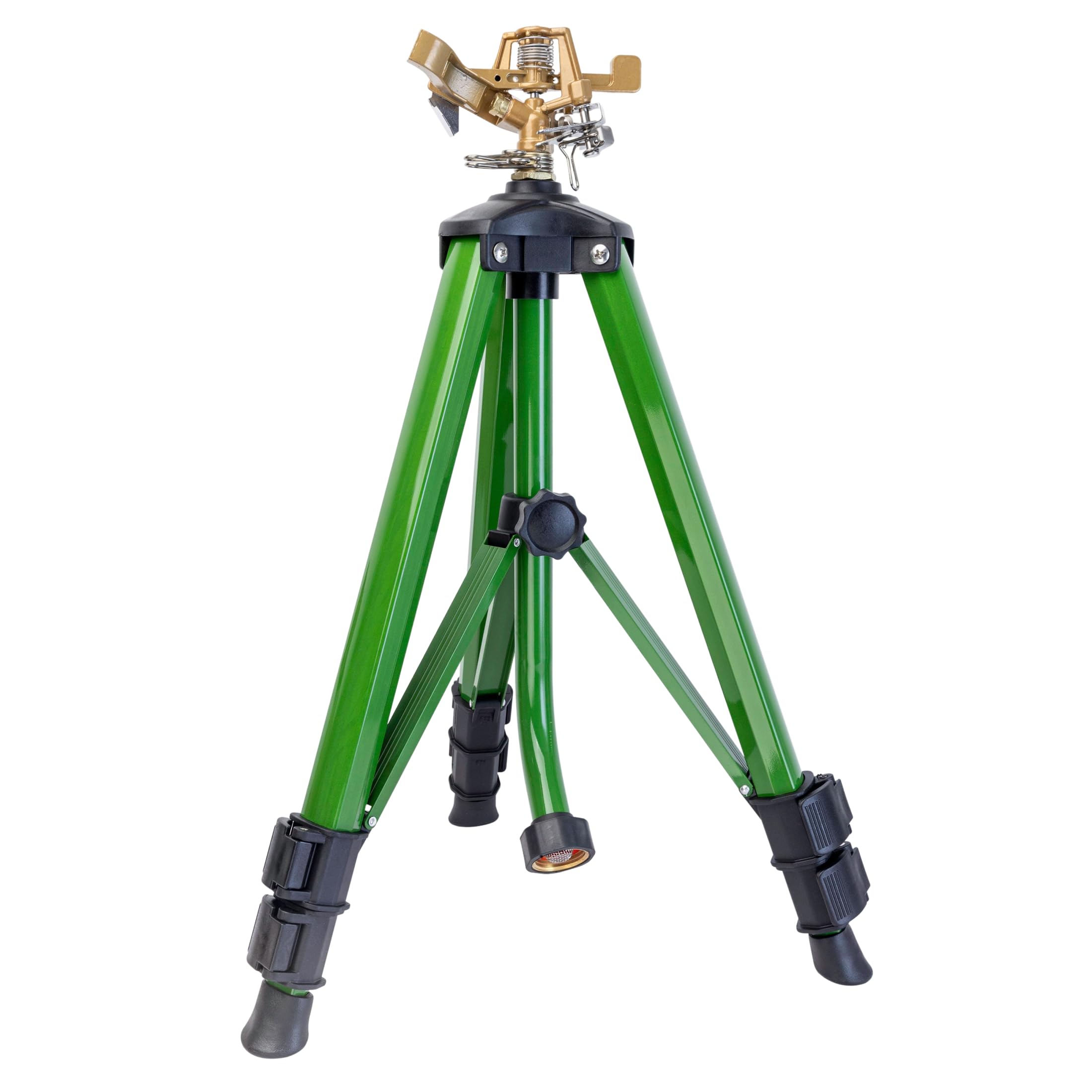 Orbit tripod front view showing sprinkler elevated for broad coverage