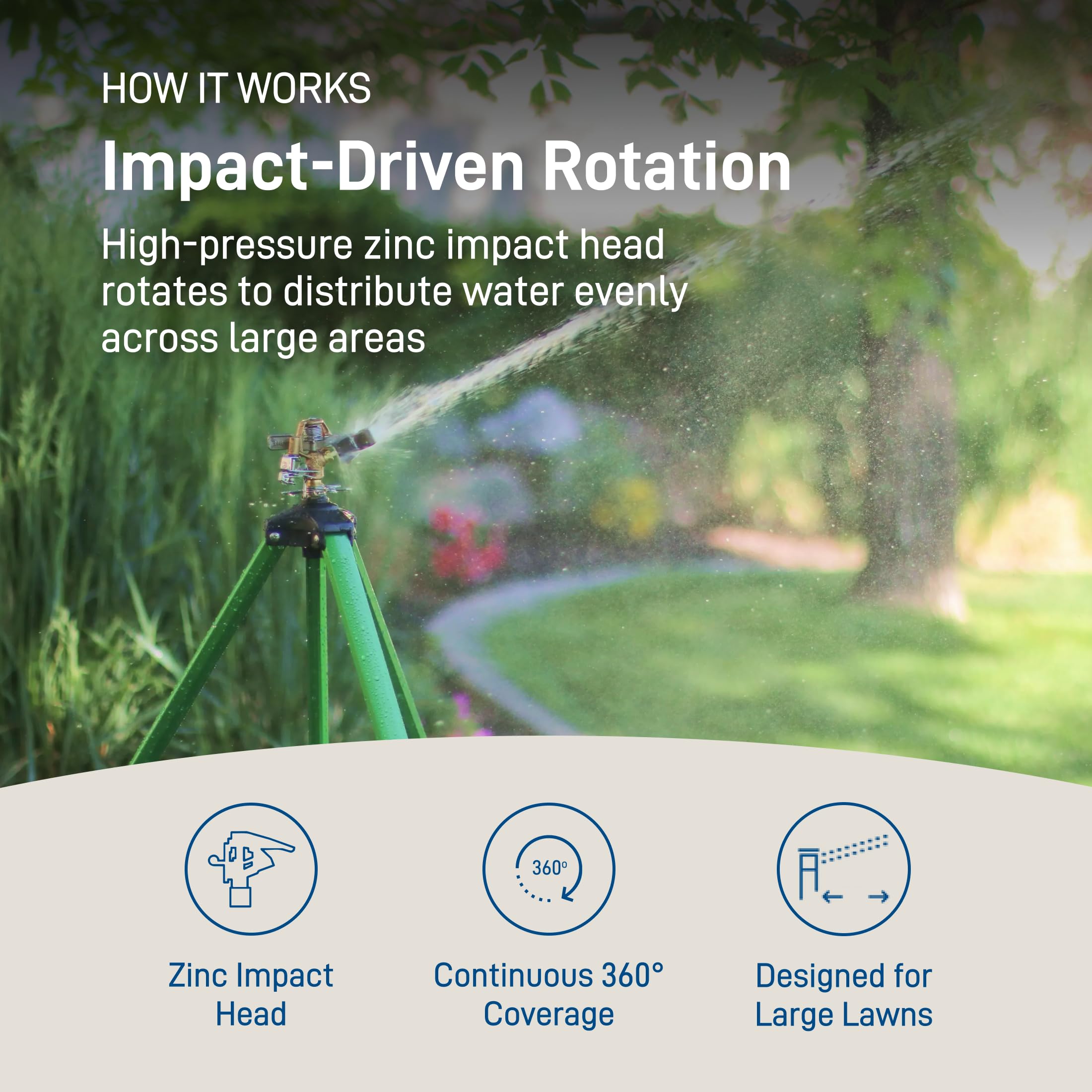Orbit sprinkler in use across a large lawn demonstrating wide coverage