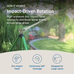 Orbit sprinkler in use across a large lawn demonstrating wide coverage