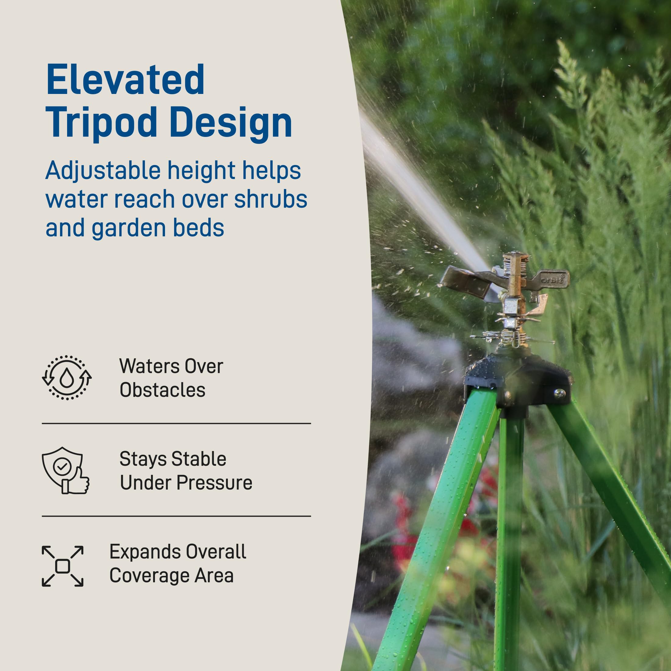 Orbit tripod leg base close-up showing stable support on turf