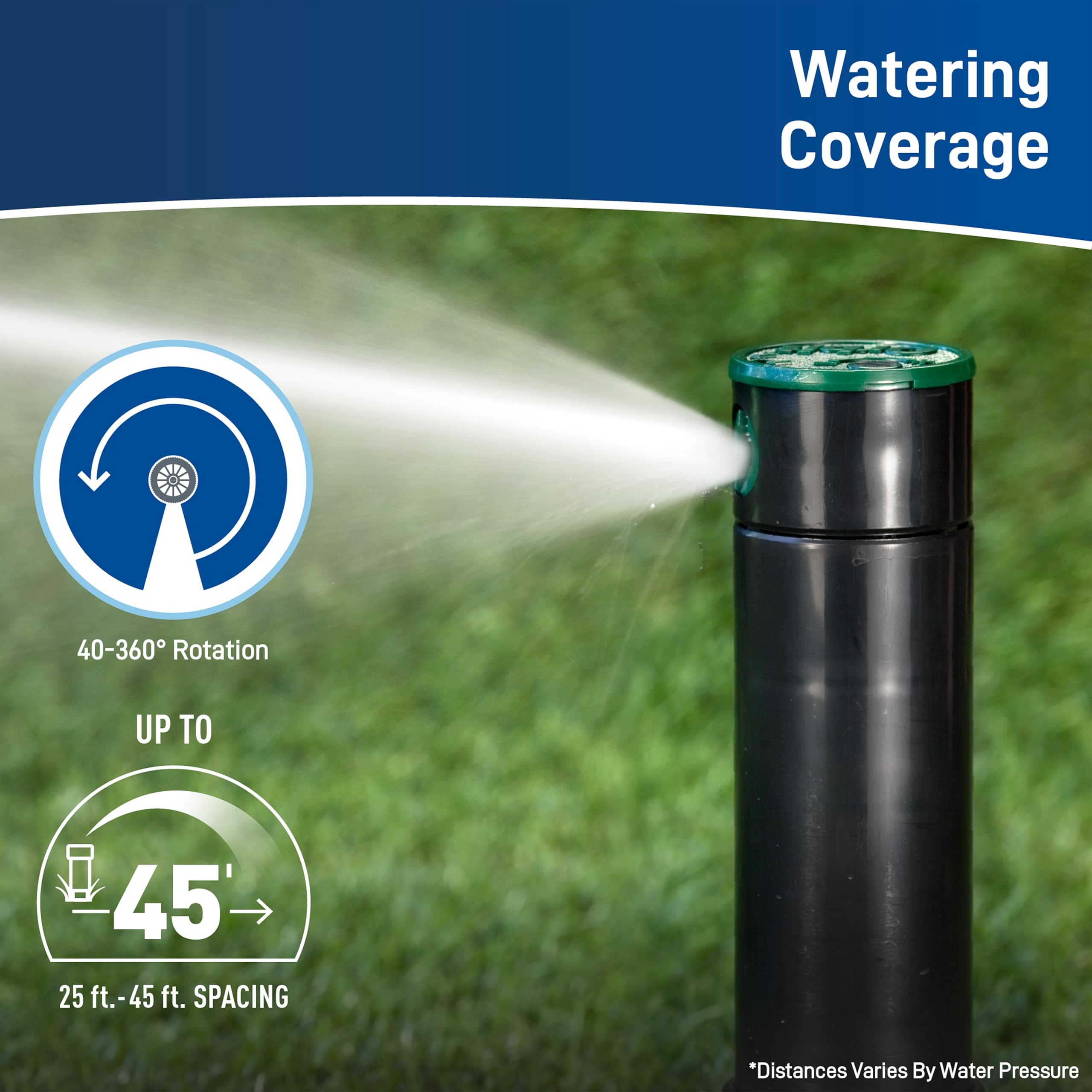 Orbit Voyager popped-up 4-inch height clearing tall grass, improved coverage