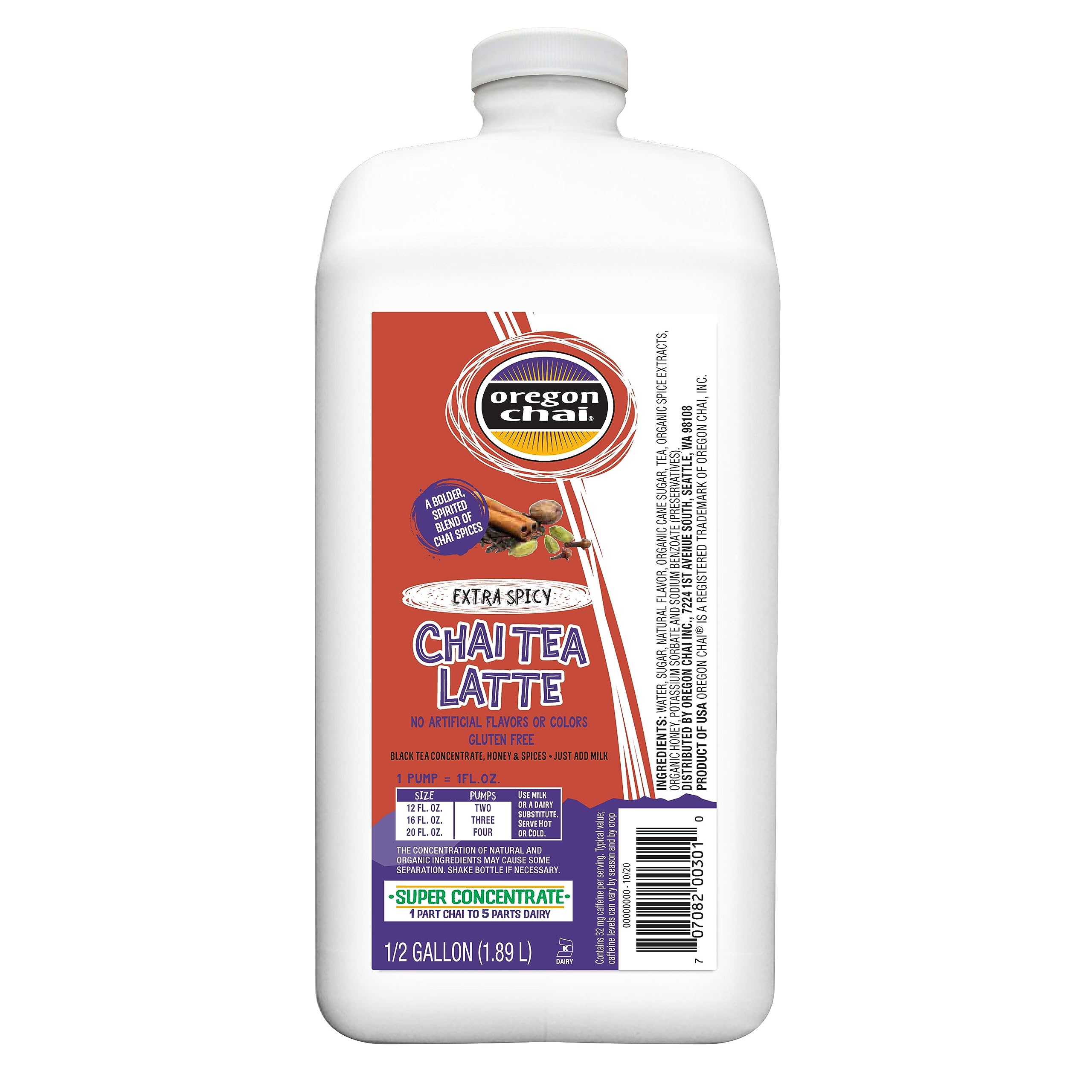 Oregon Chai front jug showing extra spicy concentrate and convenient pour