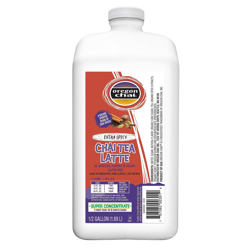 Oregon Chai front jug showing extra spicy concentrate and convenient pour