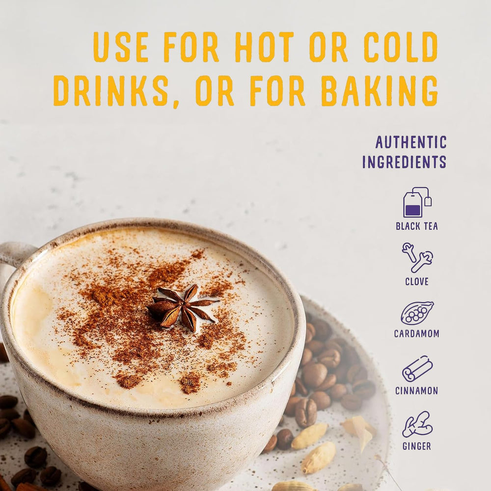 Oregon Chai concentrate poured into a steaming mug for a hot latte, showcasing quick preparation benefit