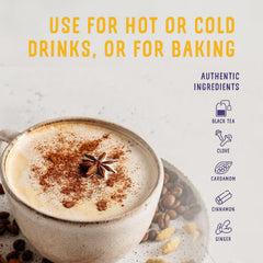 Oregon Chai concentrate poured into a steaming mug for a hot latte, showcasing quick preparation benefit