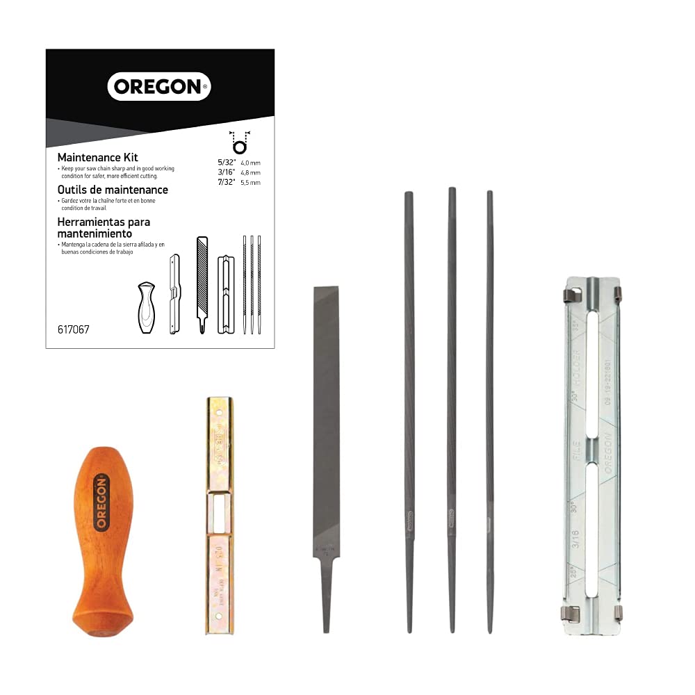 Oregon three round files and universal handle laid out for easy identification and use