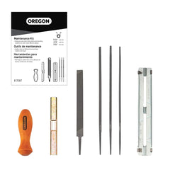 Oregon three round files and universal handle laid out for easy identification and use