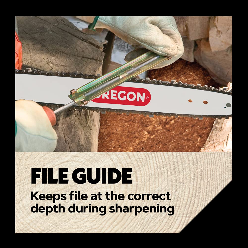 Oregon flat file positioned on depth gauge to maintain proper cutter height