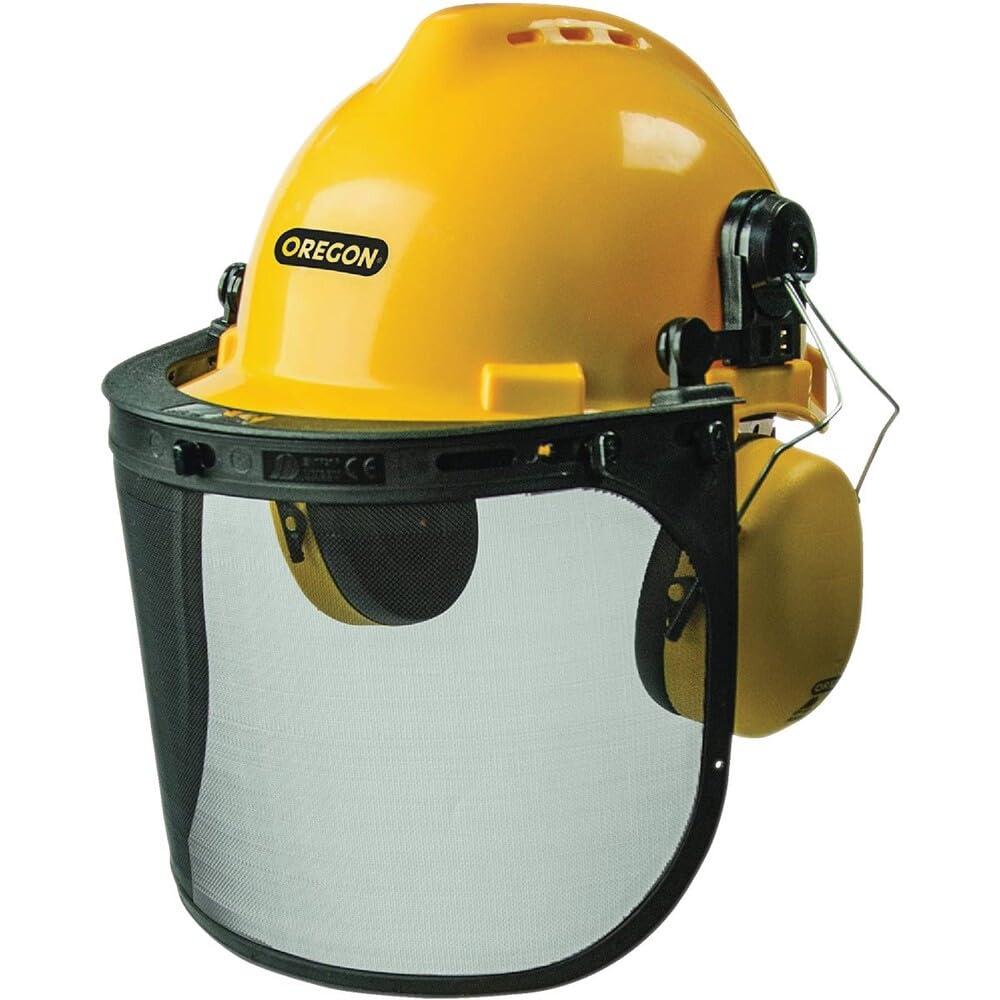 Oregon yellow helmet front view showing shell and visor for clear protection