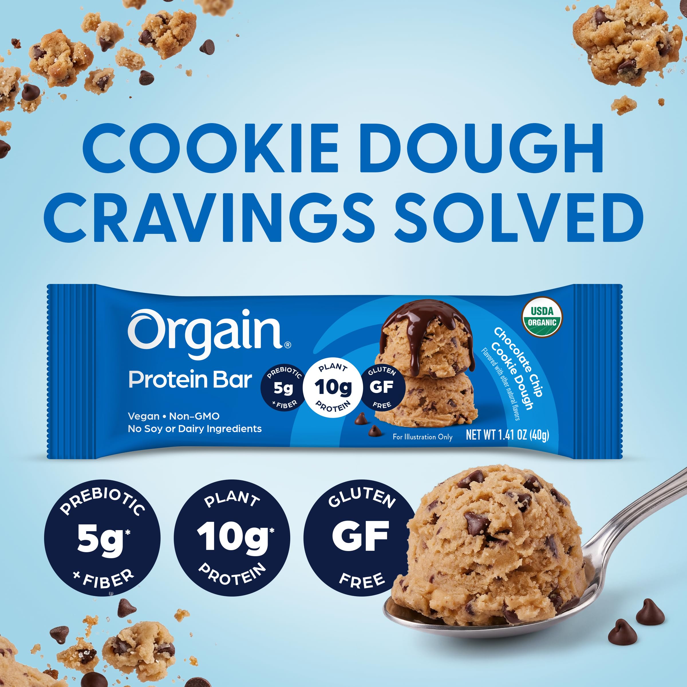 Orgain bar chocolate chips detail showcasing real chocolate pieces for indulgent flavor