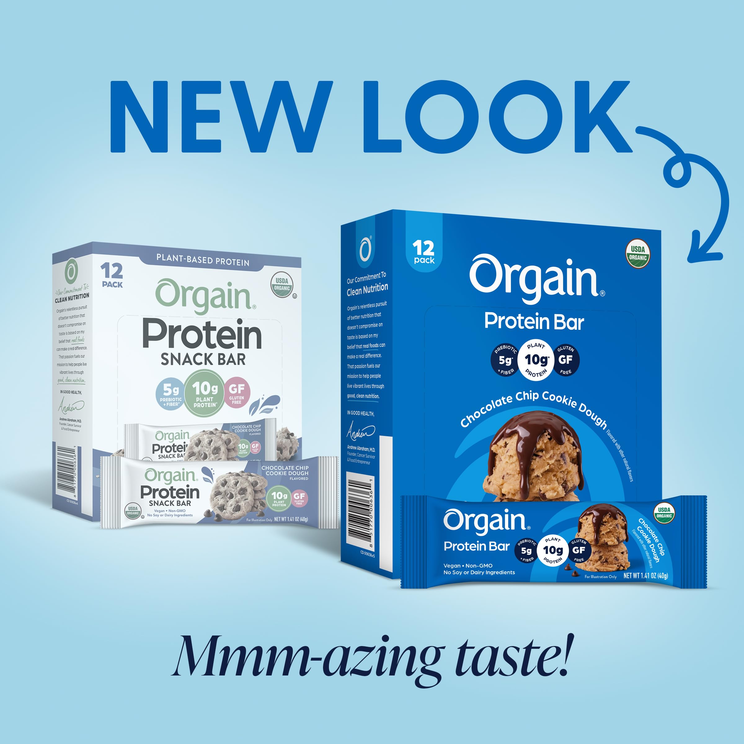 Orgain unwrapped bar close-up highlighting texture and plant-based ingredients benefit
