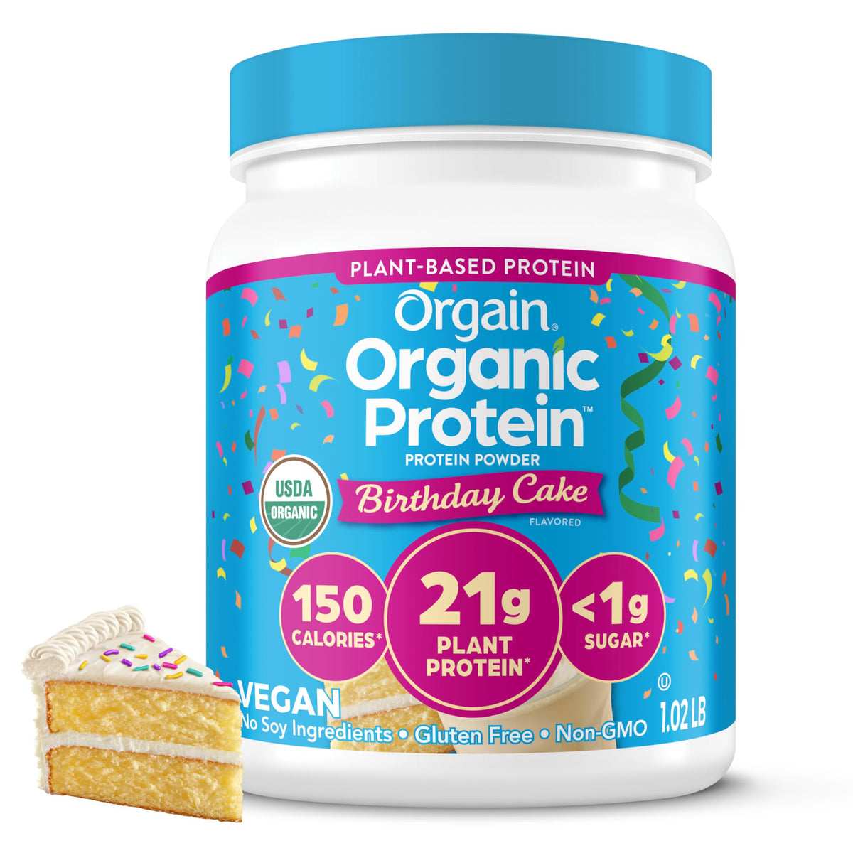 Orgain Birthday Cake front packaging showing organic plant protein benefits
