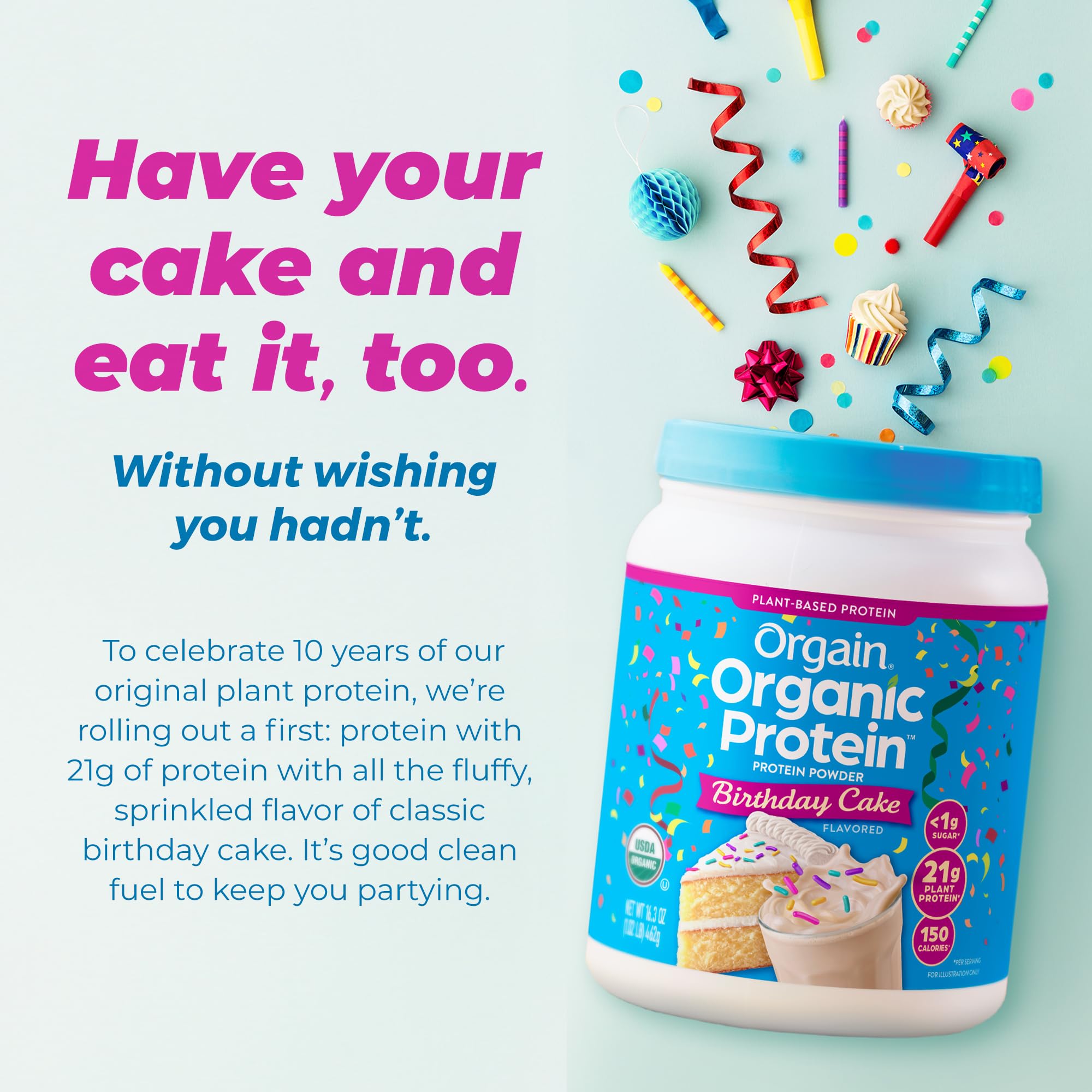 Orgain Birthday Cake container beside measuring spoon showing serving size
