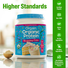 Orgain Birthday Cake blended shake in glass showing creamy dessert taste