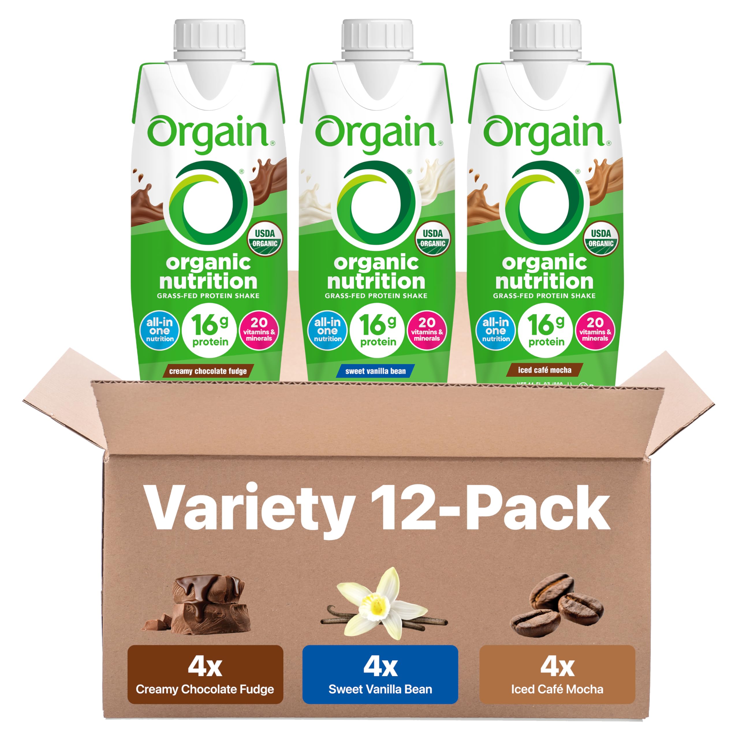 Orgain bottle front packaging showing flavor and organic badge for quick selection