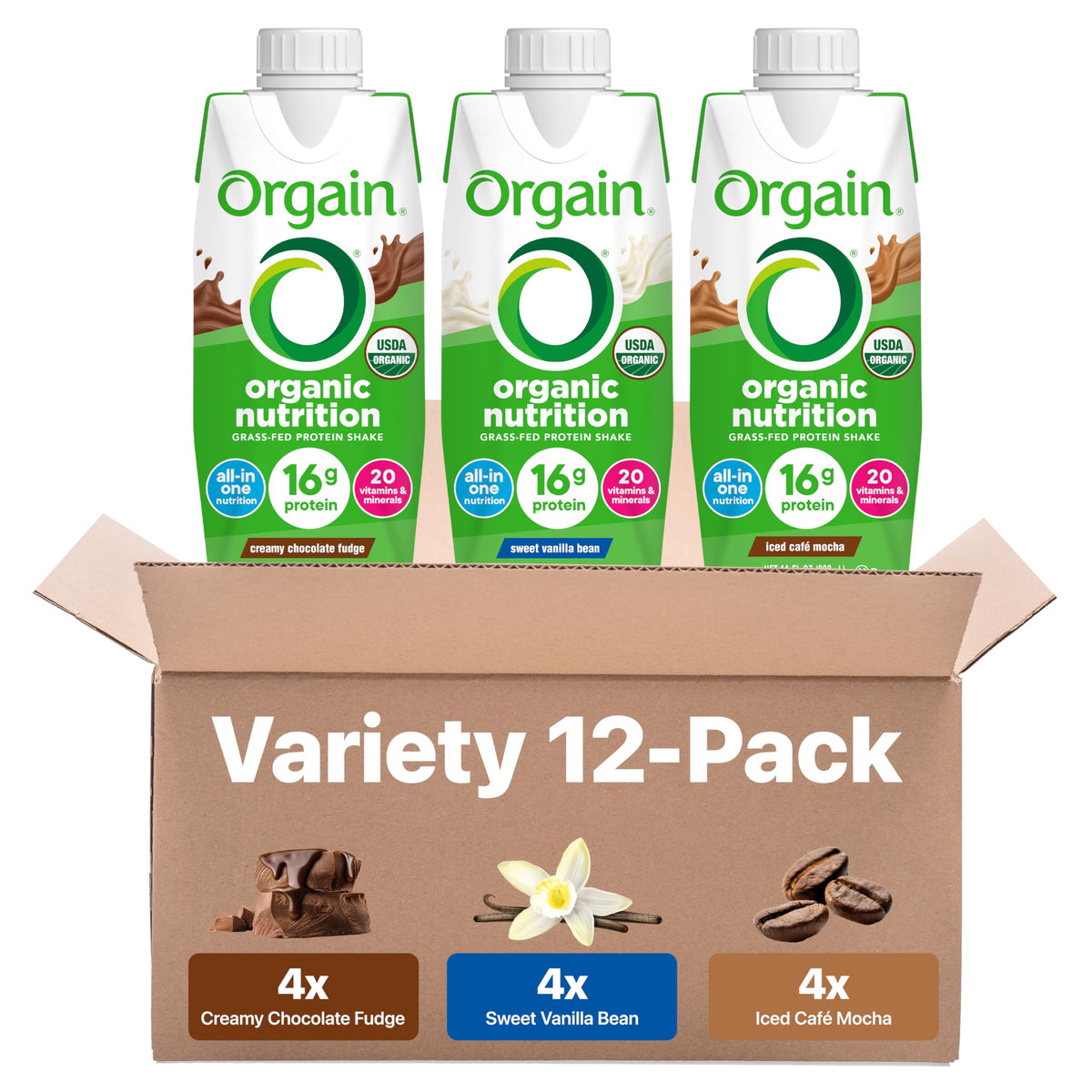 Orgain bottle front packaging showing flavor and organic badge for quick selection