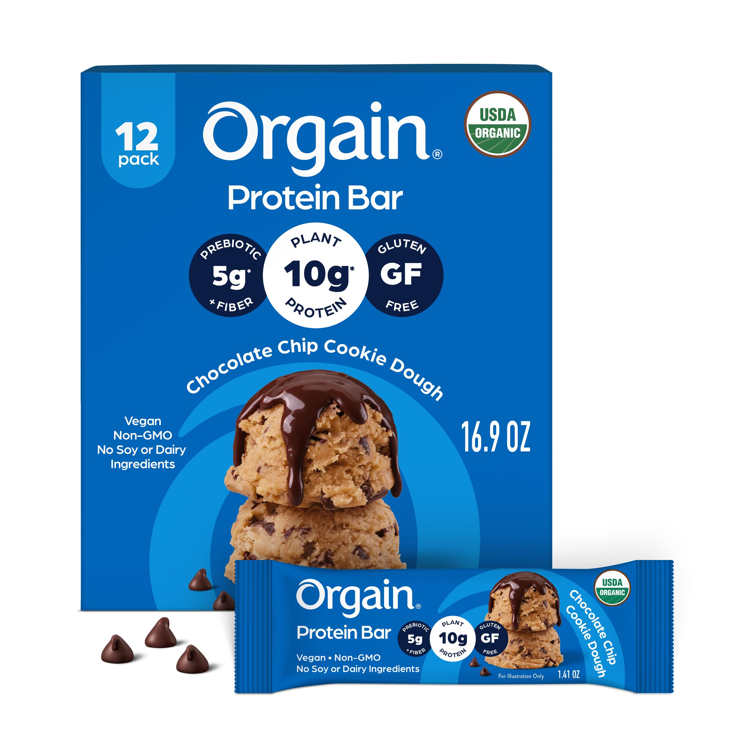 Orgain front packaging showing Chocolate Chip Cookie Dough and organic badge for trust