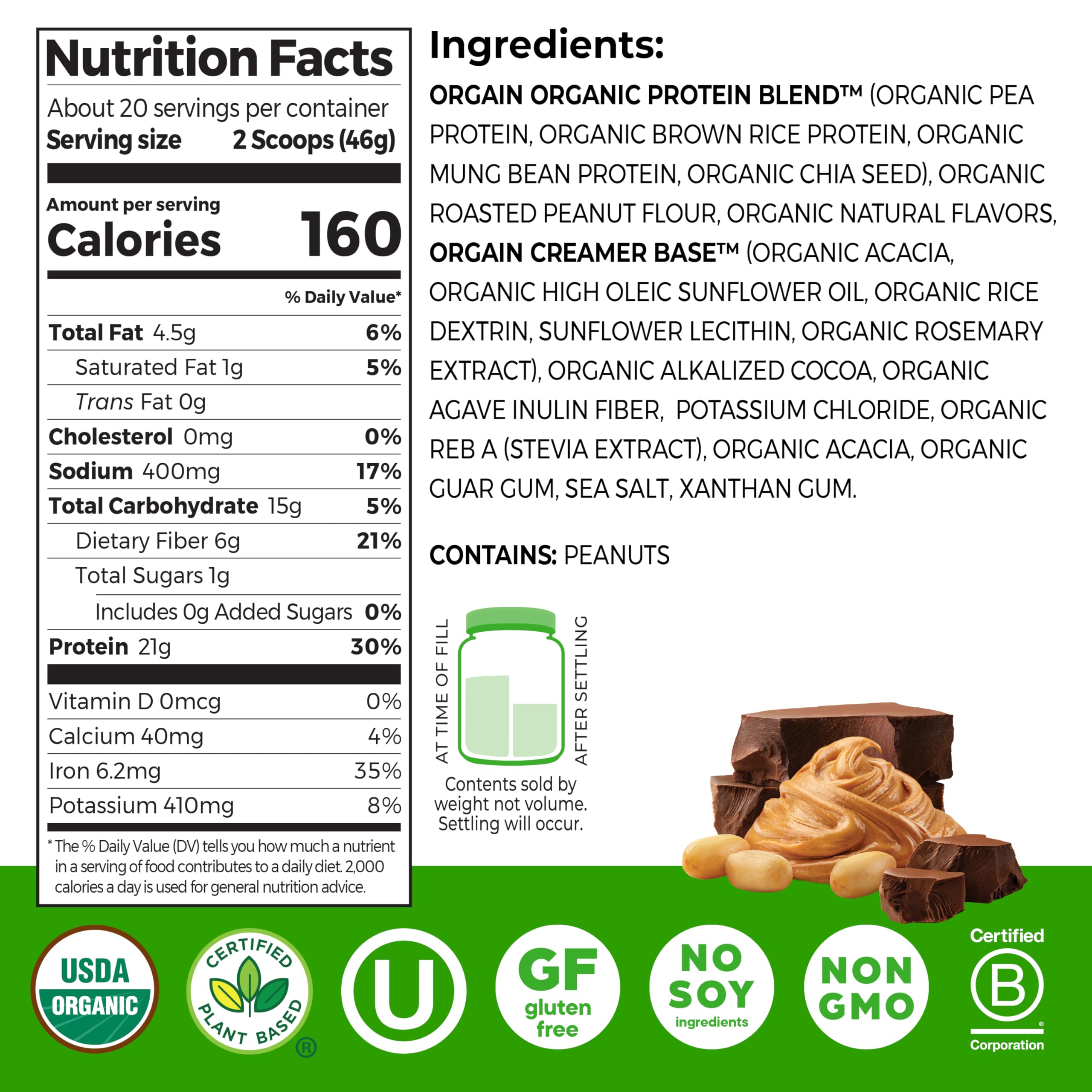 Close-up of Orgain powder texture highlighting smooth, mixable plant protein