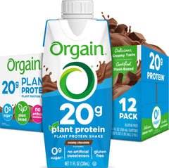 Orgain chocolate shake front packaging showing bottle and logo, convenient protein