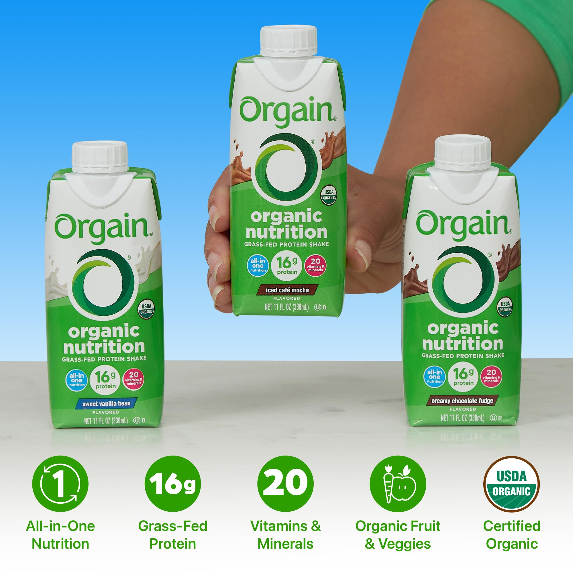 Orgain close-up label with nutrition facts highlighting vitamins and clean ingredients