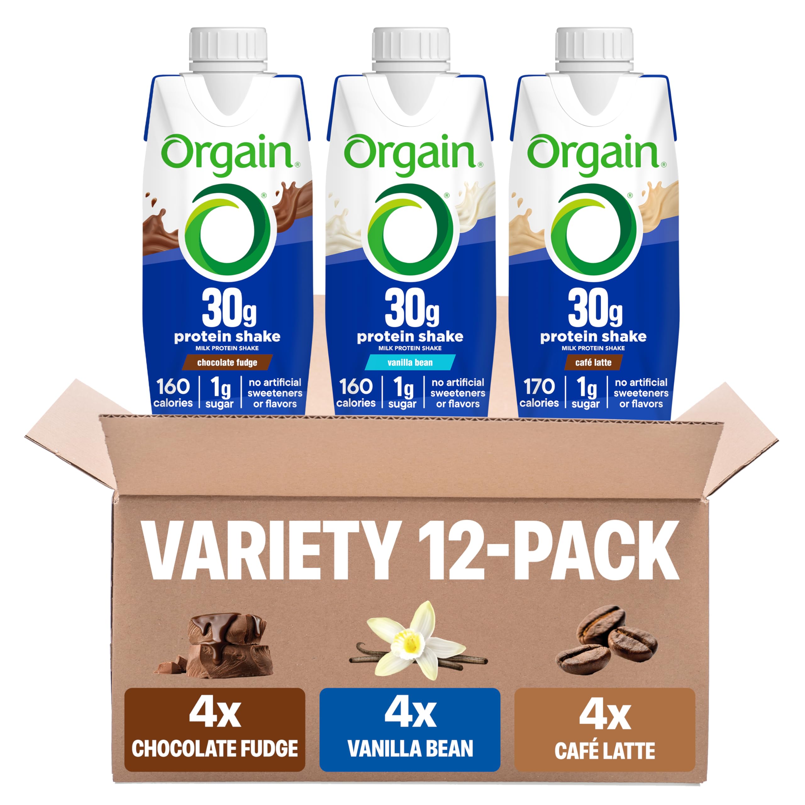 Orgain front packaging 12 pack showing variety and convenience