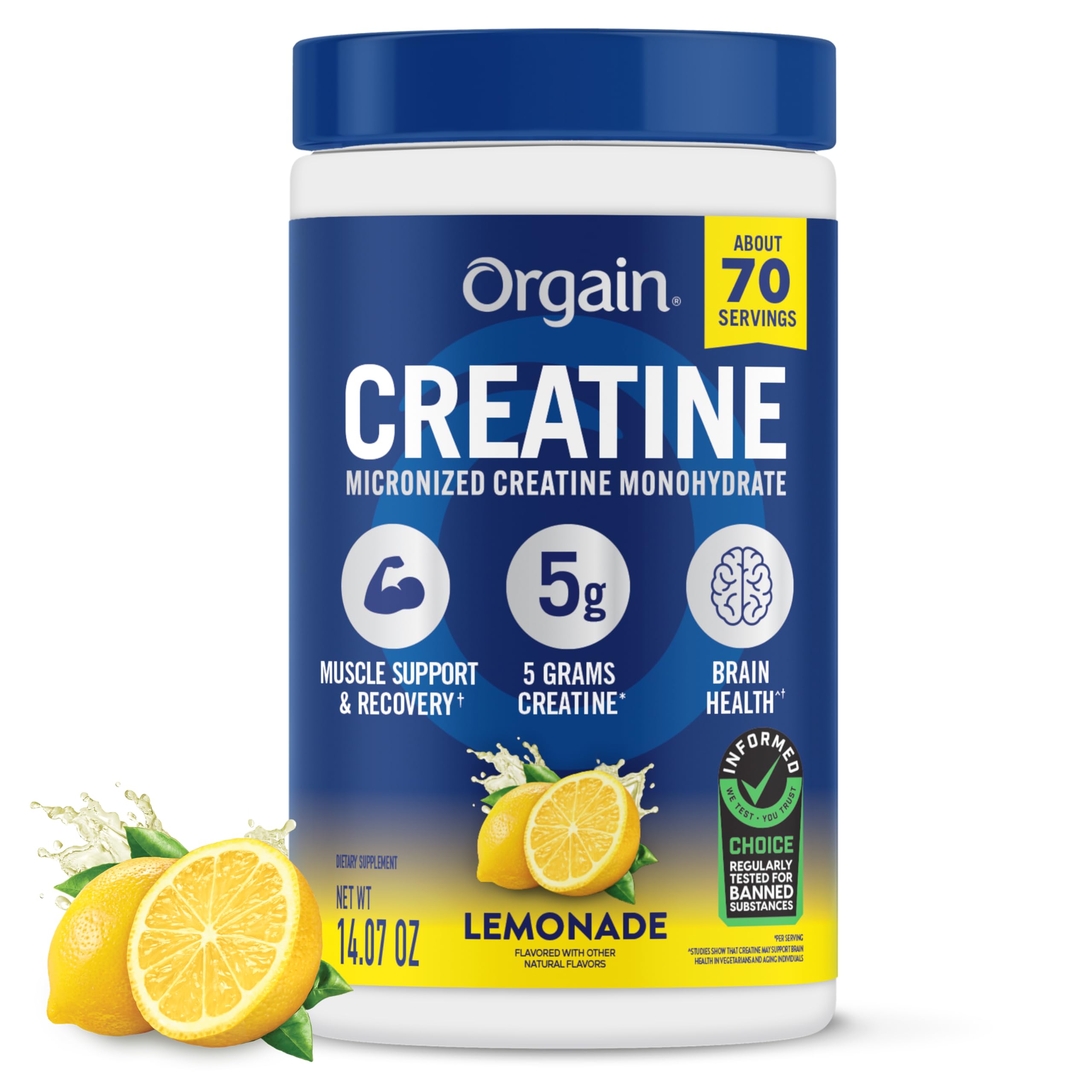 Orgain front tub showing lemonade creatine and clear product benefit
