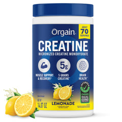 Orgain front tub showing lemonade creatine and clear product benefit