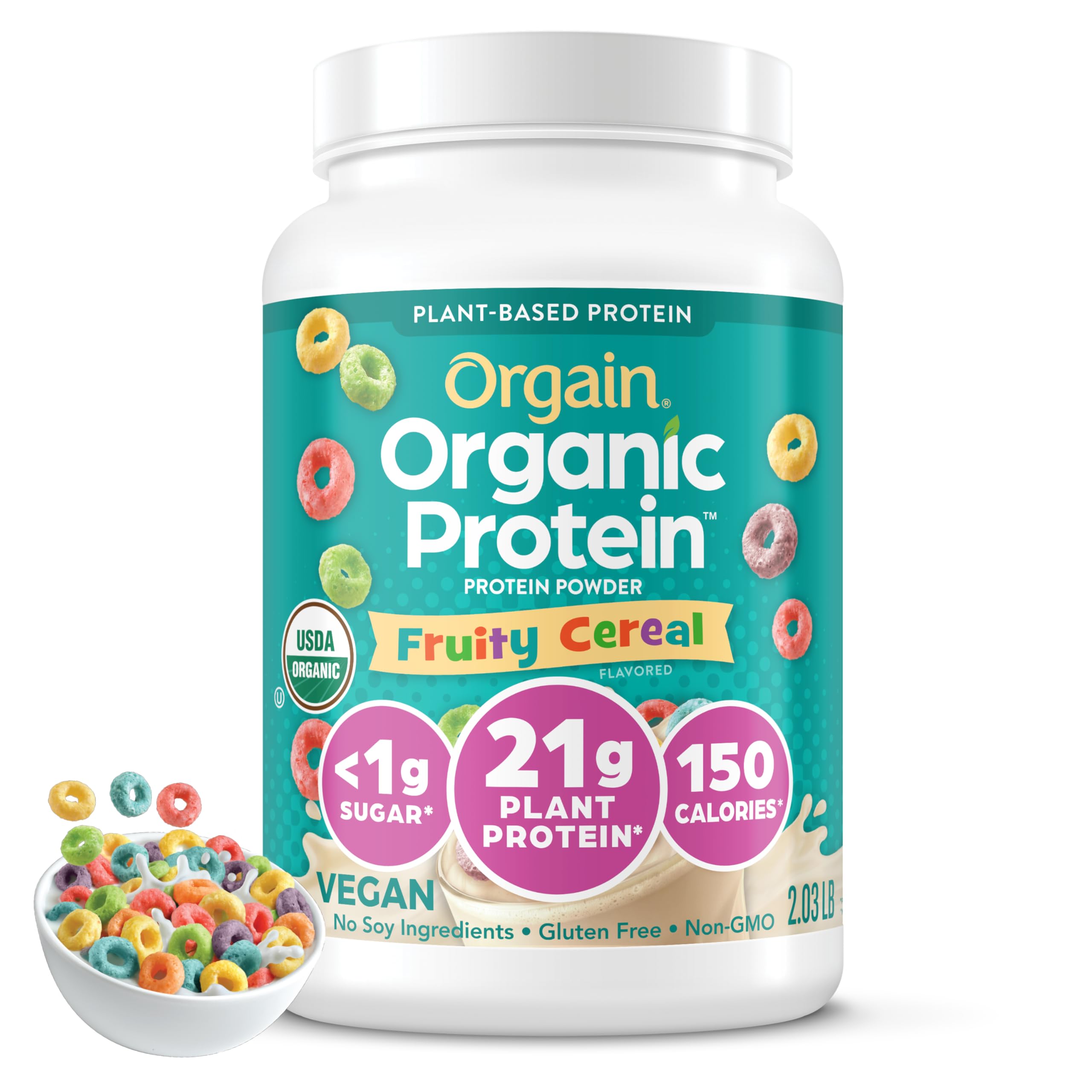 Orgain Fruity Cereal front tub showing branding and size for quick recognition and storage benefit