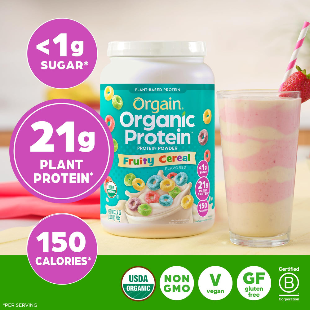 Product label on Orgain Fruity Cereal highlighting USDA Organic and non-GMO certifications for trust