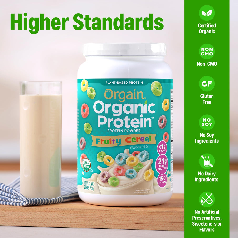Glass of Orgain Fruity Cereal smoothie illustrating easy mixing and ready-to-drink convenience