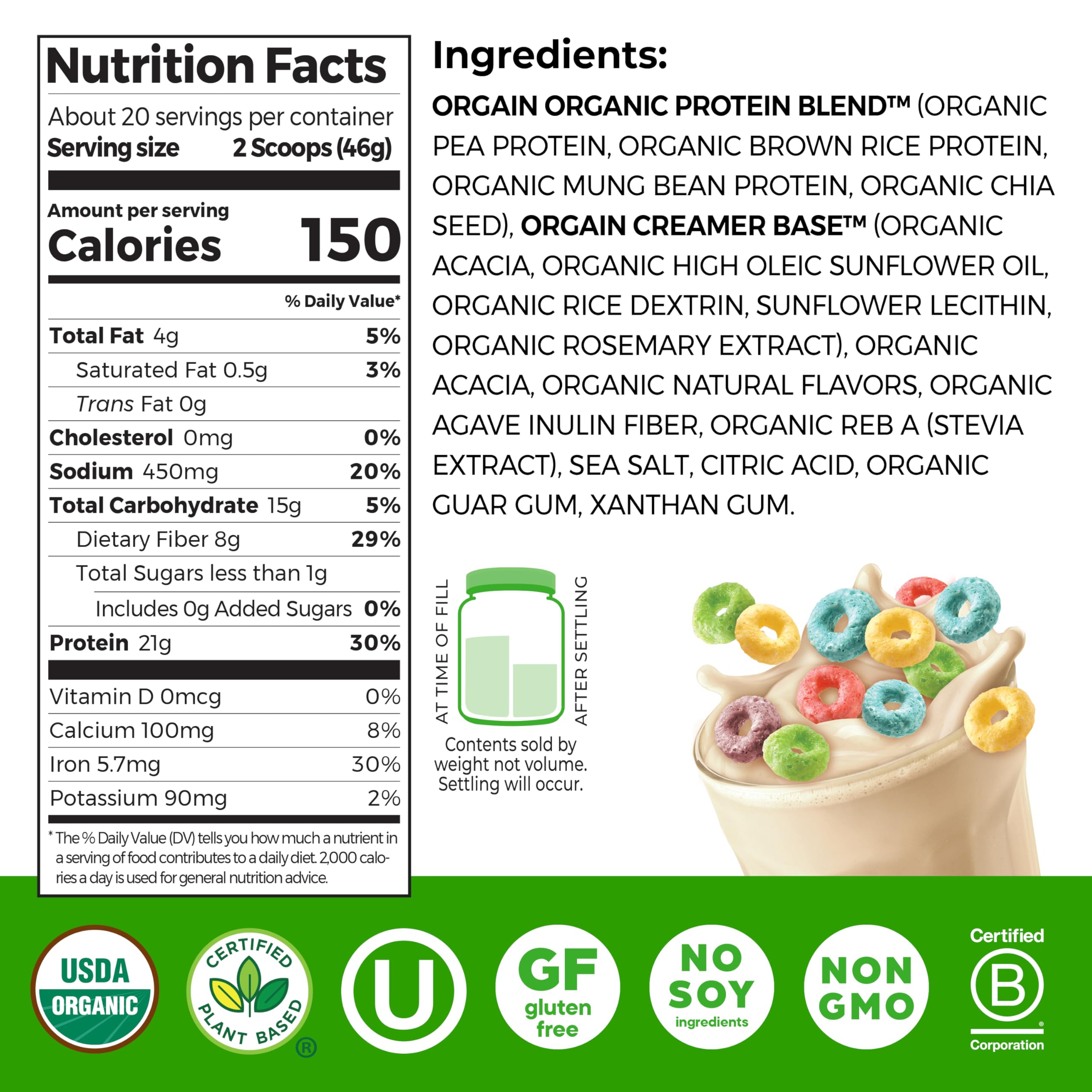 Close-up of Orgain Fruity Cereal powder texture showcasing smooth mixability and creamy consistency