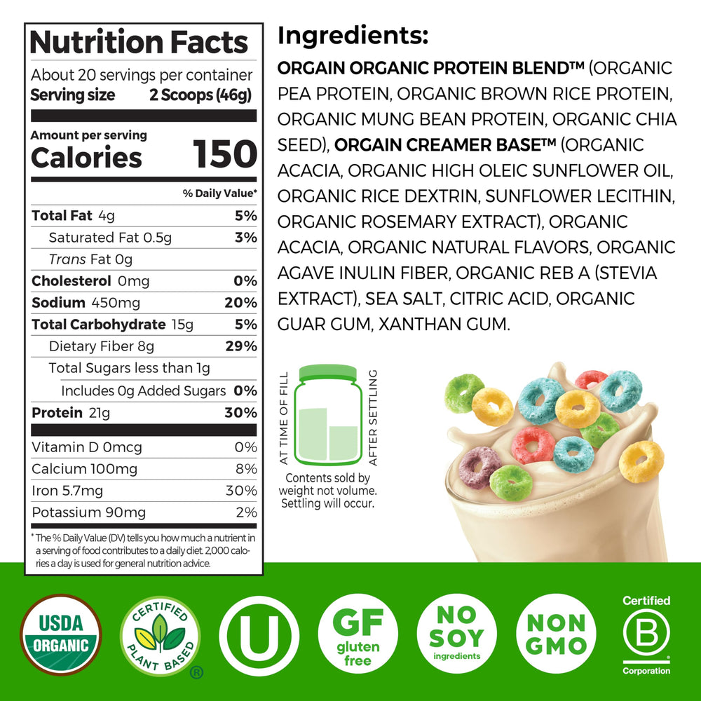 Close-up of Orgain Fruity Cereal powder texture showcasing smooth mixability and creamy consistency