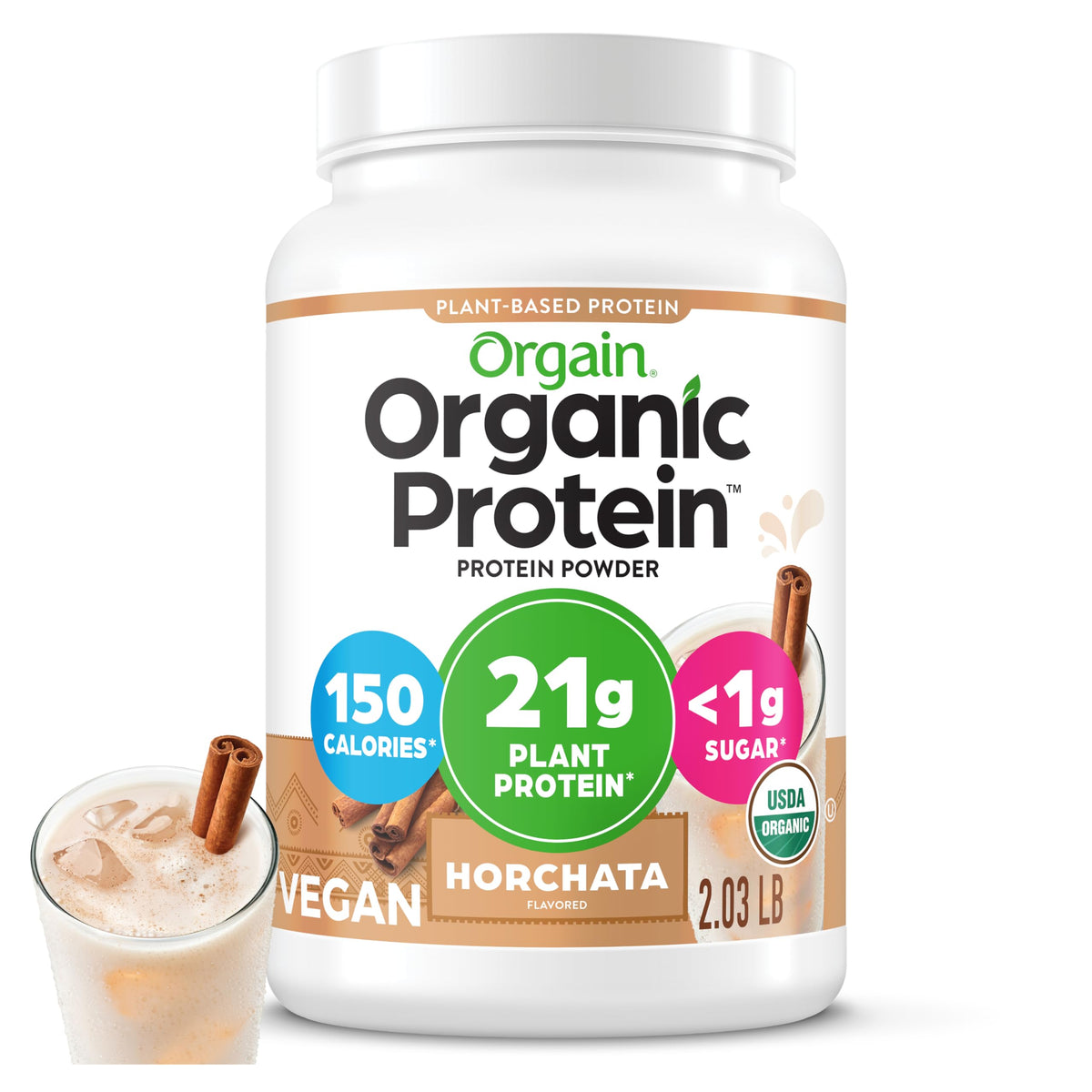 Orgain Horchata front tub showing label and clean organic branding benefit