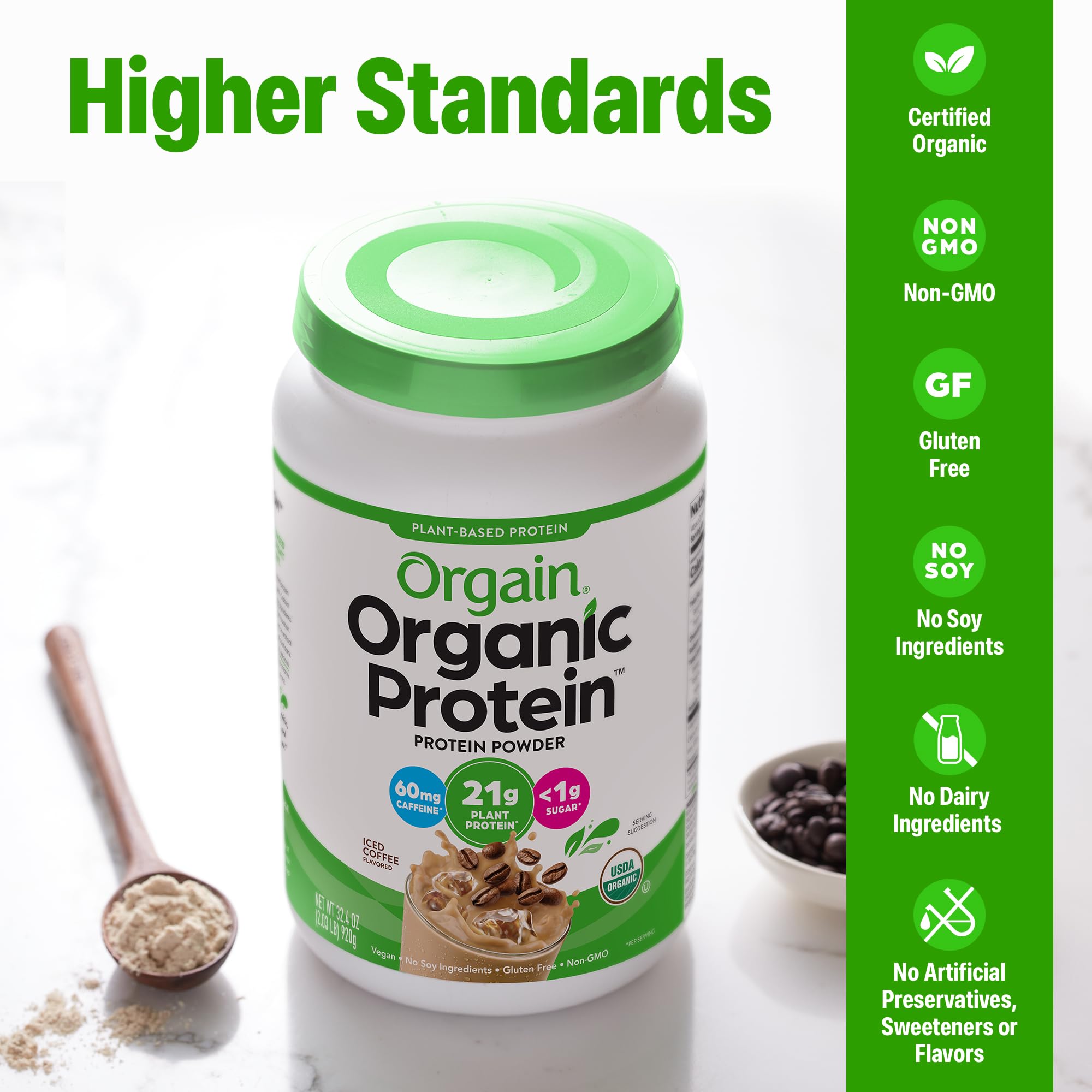 Scoop of Orgain powder emphasizing convenient portioning and protein boost
