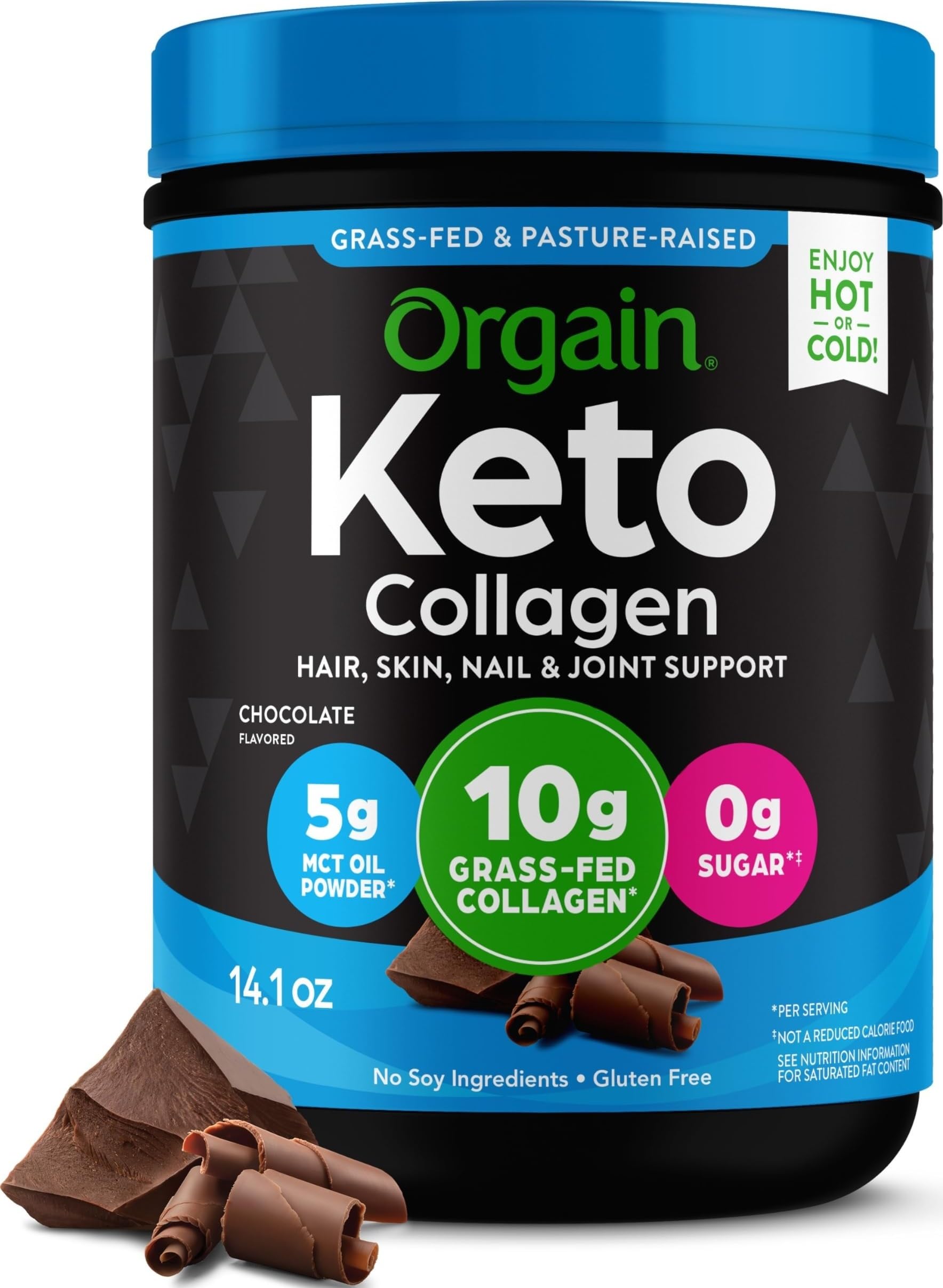 Orgain tub front view showing chocolate label and keto benefits