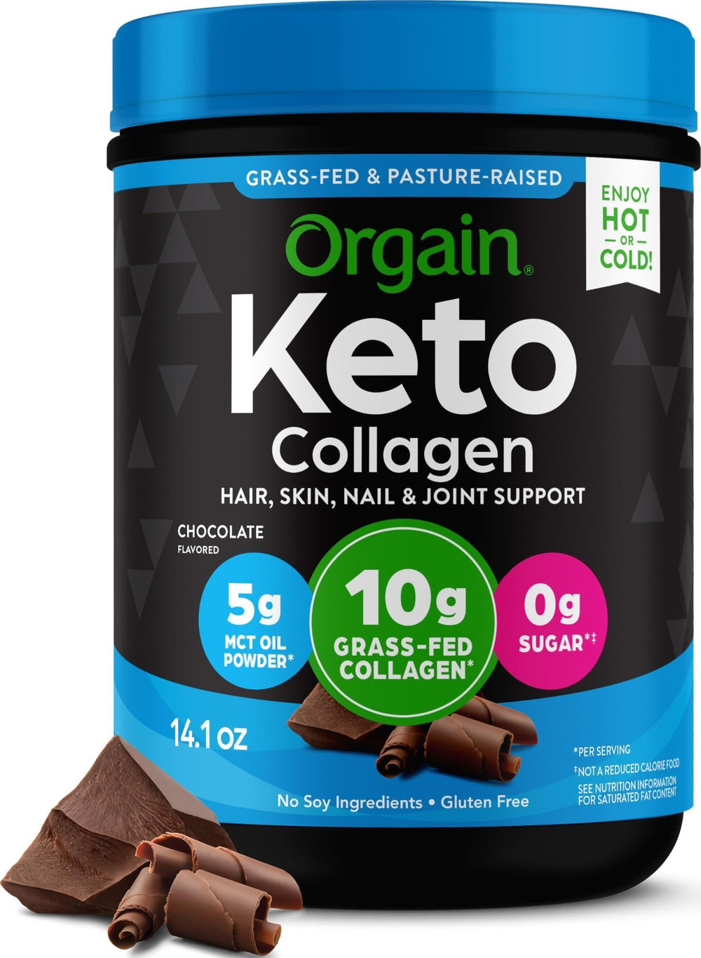 Orgain tub front view showing chocolate label and keto benefits