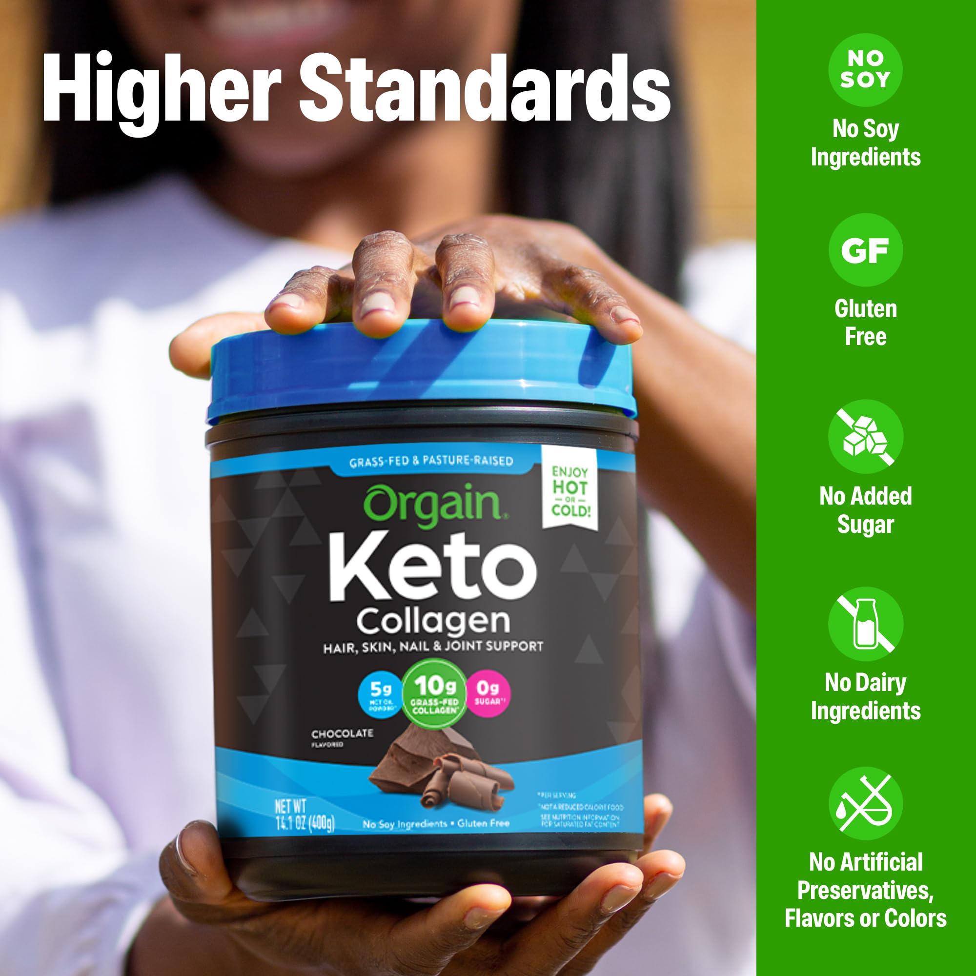 Close-up of Orgain label and nutrition facts emphasizing grass-fed collagen