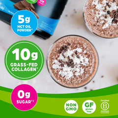 Orgain scoop with one serving visible, highlighting measured collagen and MCT